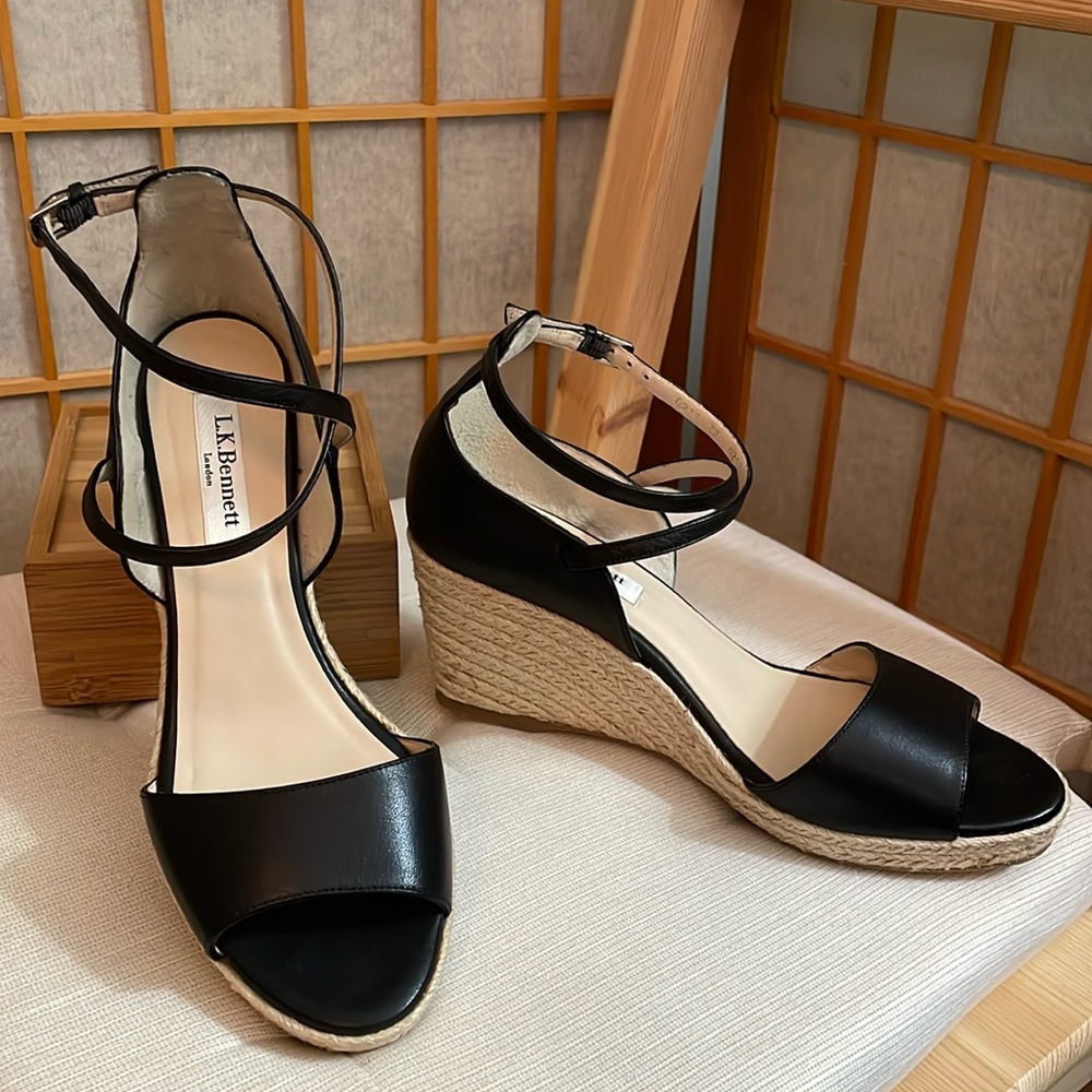 L.K. Bennett Black Leather Nellie Peep Toe Espadrille Wedge Heel EU 37.5 /US 7